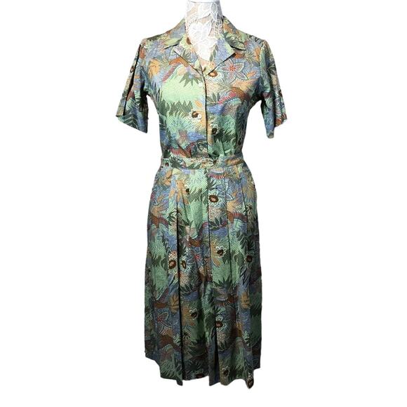 Vintage AGILE tropical Blouse & midi skirt set in green both medium - Picture 1 of 12
